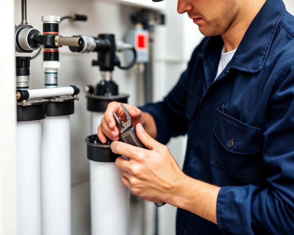 Technician replacing RO filter cartridges during a service visit in Odisha