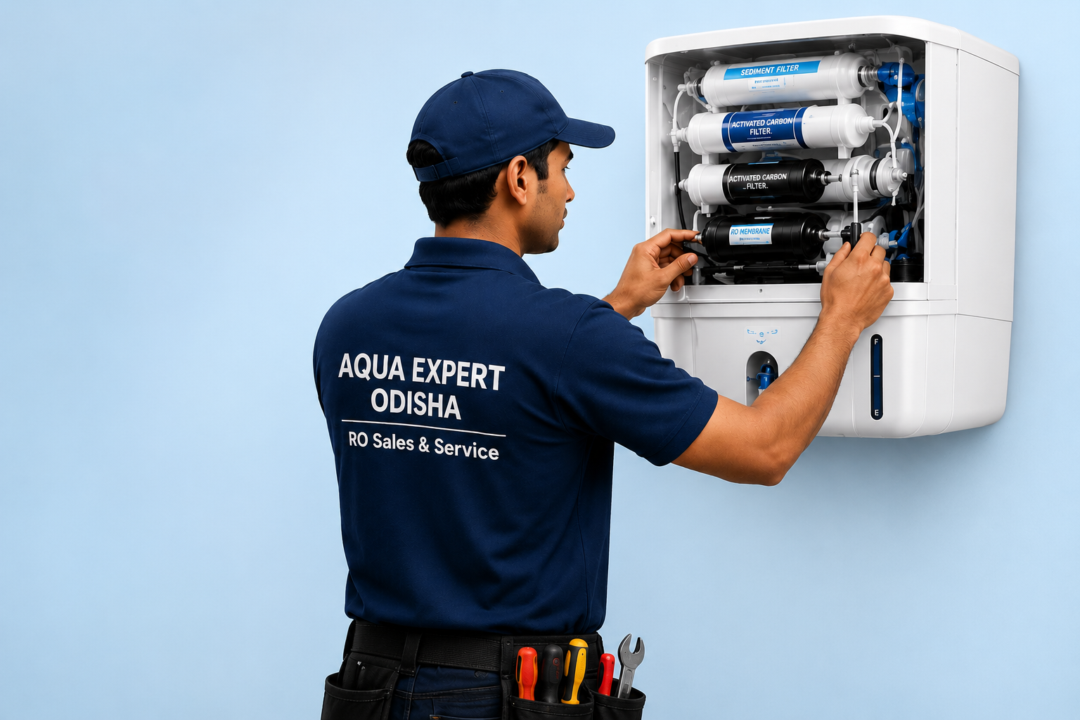 Aqua Expert Odisha technician in branded uniform servicing an RO water purifier in Bhubaneswar